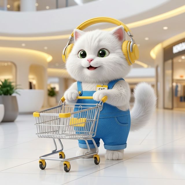 쇼핑카트를 밀고 있는 AEGMALL 고양이 마스코트